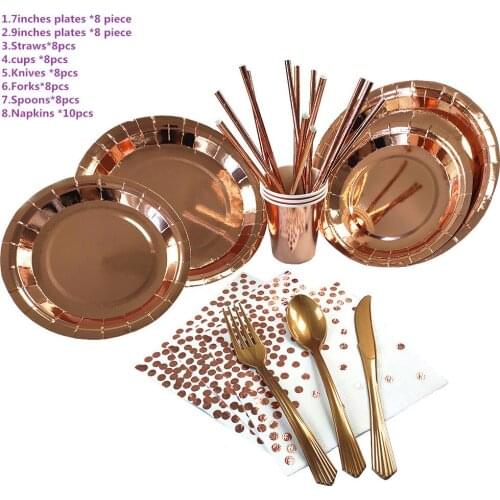 66pcs Rose Gold festival wedding outdoor room party suppliers gilded paper tray paper cup plate napkins decoration
