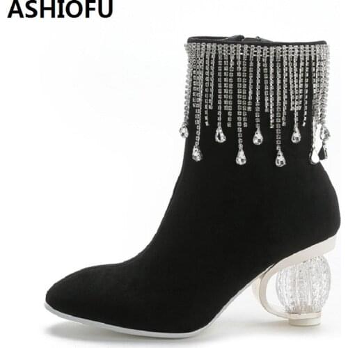 ASHIOFU Classic Womens High Heel Boots Jewelry Wedding Party Ankle Boots Winter Sexy Club Dress Evening Short Boots Shoes