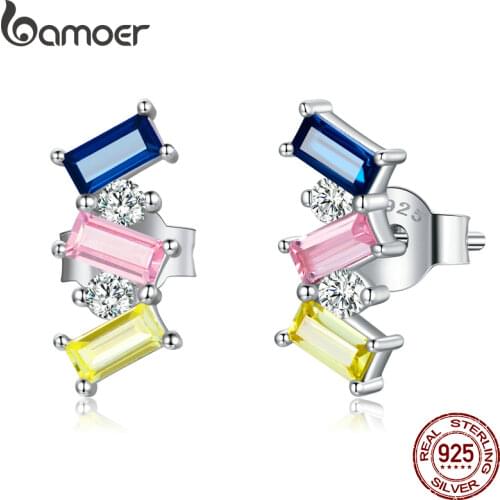BAMOER 925 Sterling Silver Simple Big Square Zircon Stone Colorful Stud Earring for Women Spanish Jewelry Fine Jewelry SCE1208
