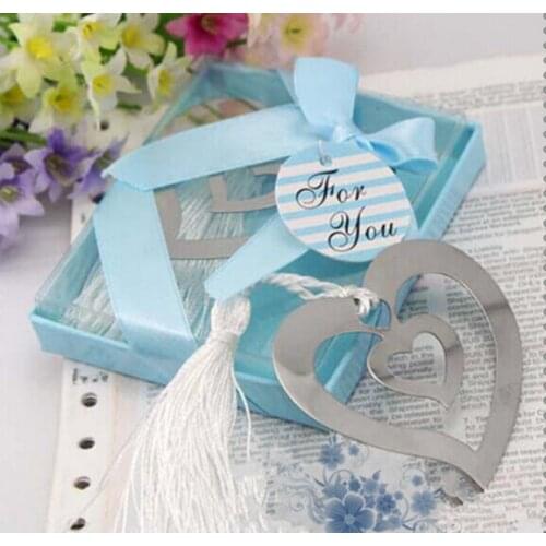Free Shipping 10pcs/lot "Hollow Out Double-heart" Metal Bookmark With Tassels Ribbon Gift Box For Party Gift Or Souvenirs