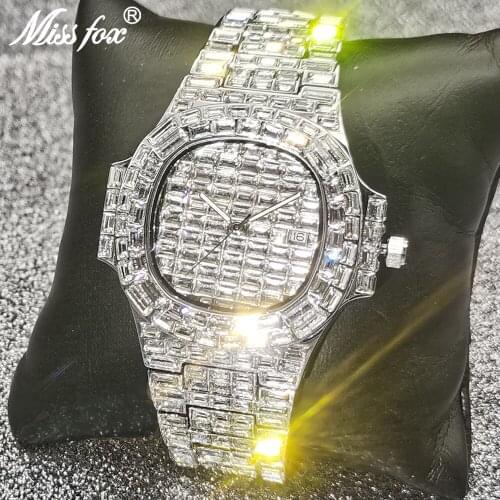MISSFOX Mens Watches Top Hip Hop Baguette Diamond Luxury Nautilus Iced Out AAA Fashion Quartz Male Bling Dive Jewelry Clocks