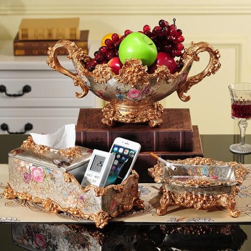 European Luxury Resin Fruit Bowl Plates Tissue Box Crafts Desktop Home Retro Ashtray Ornaments Coffee Table Figurines Decoration