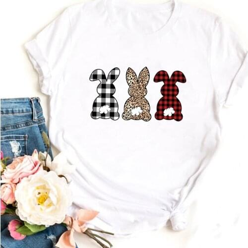 Leopard Buffalo Plaid Bunny Colored T-shirt Vintage Easter Bunnies Graphic Tee Top Cute Women Christian Blessed Tshirt