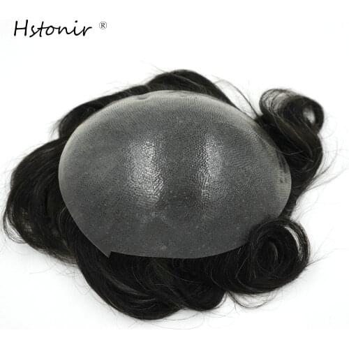 Hstonir 1B05# 6x7 inch Human Remy Hair Toupee Wig For Men PU Hairpiece Hair Replacement Silicon Real Man Hair System H080