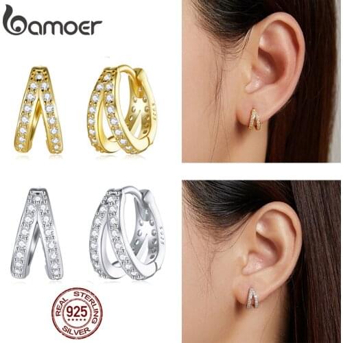 BAMOER Spanish 925 Sterling Silver Modern Stylish Zircon Crystal Double Rings Ear Buckle Earrings Hoop for Women Wedding SCE1187