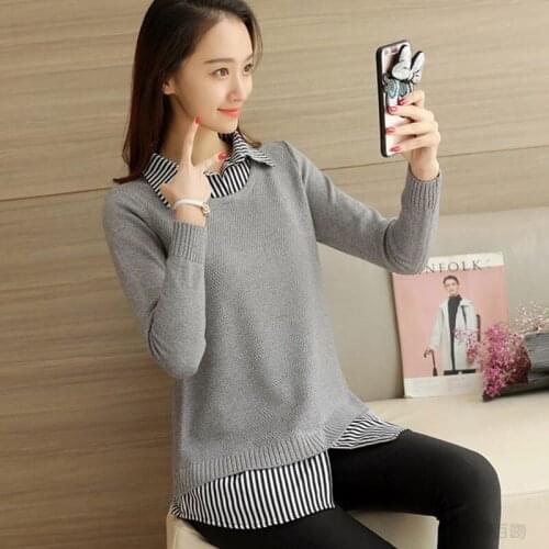 Fake two piece set of T-shirt top spring and autumn new medium length large size loose cover meat bottom sweater female
