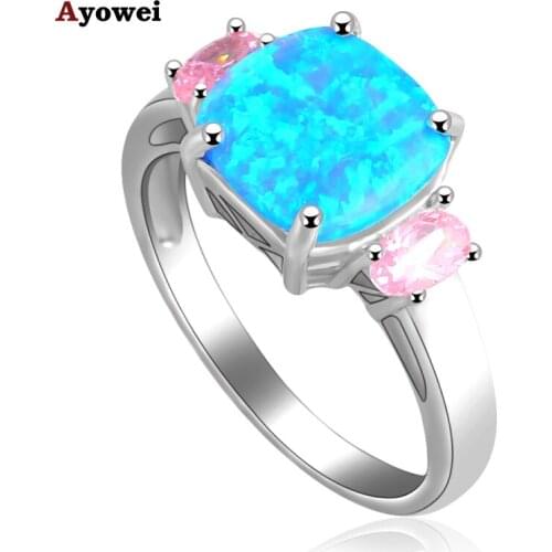 Beautiful Pink Zircon inlay Rings for women Blue Fire Opal Silver Stamped Ring USA Size #6#7#7.5#8#9 Fashion Opal Jewelry OR640A