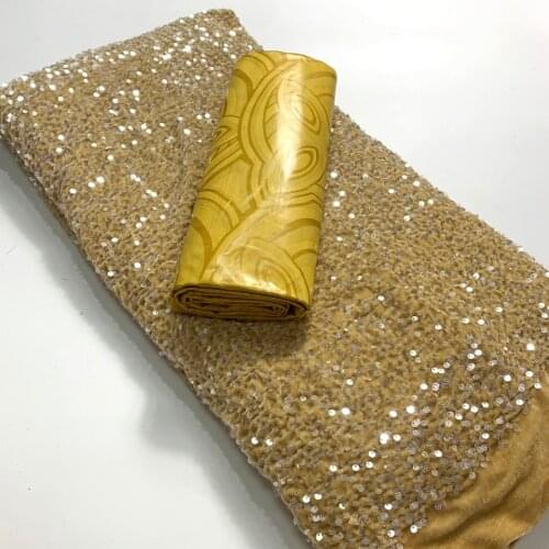 Latest 2.5+2.5 Yards African Lace Fabric 2021 High Quality Sequins Bazin Riche Nigerian Velvet Lace Fabric for Party Dress