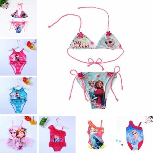 Girls Swimwear Two Piece Sleeveless Sling Cartoon Frozen Anna Elsa Princess Swimsuit Summer Girl Bikini Set Kids Lovely Swimwear