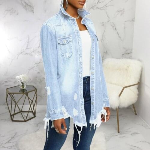 Brand New Womens Denim Jacket Fashion Autumn Spring Wild Chic Long Sleeve Lapel Single-breasted Irregular Hem Holes Wild Coat