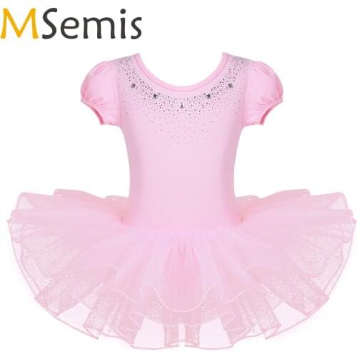 MSemis Baby Girl Rhinestones Bubble Sleeve Tutu Ballet Dress Kid Gymnastics Leotard Fairy Princess Dress Ballerina Dance Costume