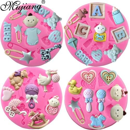 Mujiang Baby Shower Party Silicone Fondant Mold Sugarcraft Cake Decorating Tools Jelly Candy Clay Chocolate Gumpaste Moulds