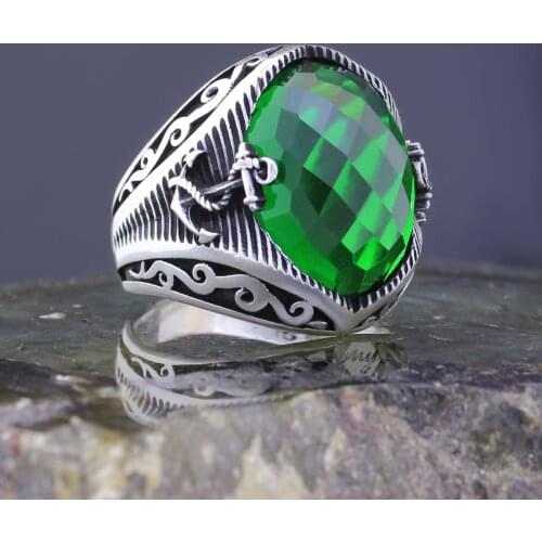 Solid 925 Sterling Silver Anchor Design Emerald Stone Mens Ring