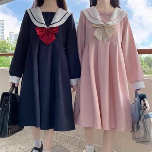 Dress Women Harajuku Lolita Japanes Style Sailor Collar Girls Dresses Student Sweets Bow Princess Dress Cosplay Costume Vestido