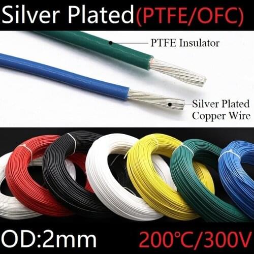 PTFE Silver Plated Wire OD 2mm Insulated High Temperature Soft Electron Cable OFC Copper DIY Headphone Singal Line Colorful