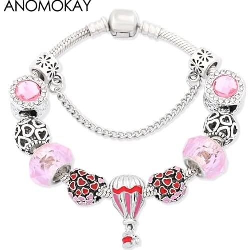 Romantic Red Enamel Heart Hot Air Balloon Charm Bracelet Pink Crystal Bead Bracelets for Women Girl DIY Jewelry Gift Anomokay