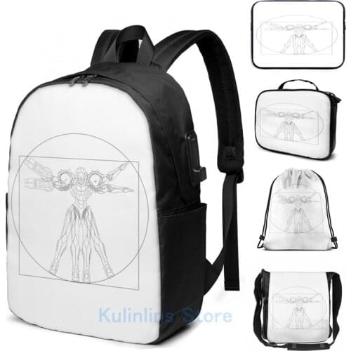 Funny Graphic print Vitruvian Samus Metroid Da Vinci Sketch Black Print USB Charge Backpack men School Travel laptop bag