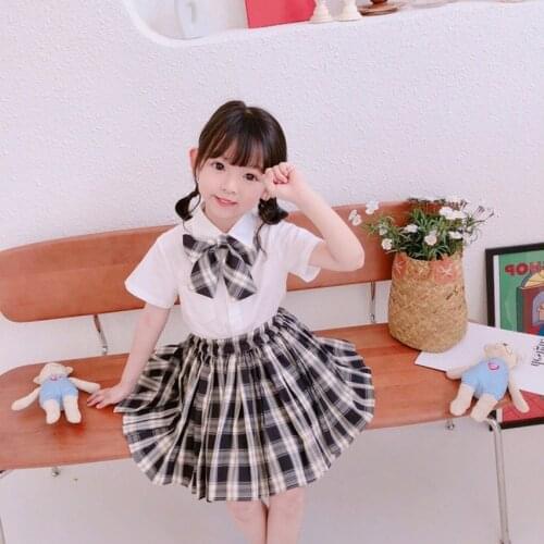 Girls Japanese School Uniform Anime JK Suit Summer New Fashion Short Sleeve Bow Knot T-shirt Plaid Skirt Kids Kawaii Clothes