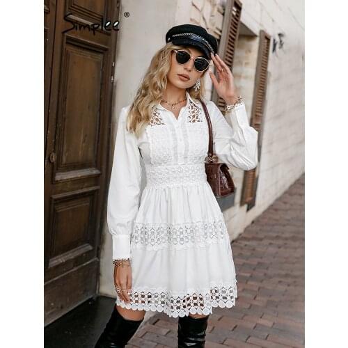 Simplee Elegant hollow out lace ruffle A-line white women dress Office lady button shirt dresses Female high waist short vestido