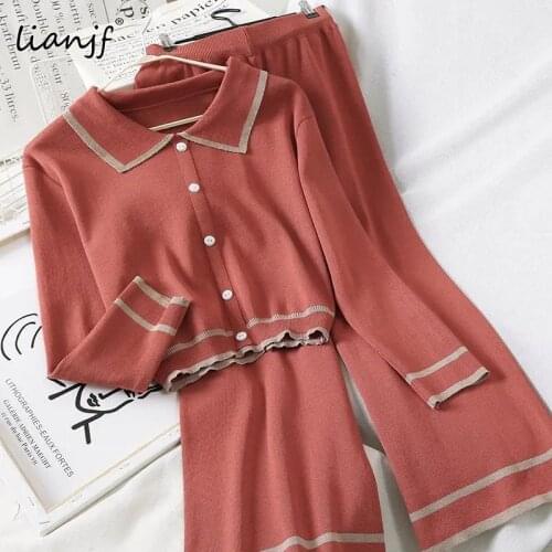 Sweater Oversize Two-piece Suit Fashion Women Autumn New Version Of The Age-reducing College Style Sweater Knitted Wide-leg Pant