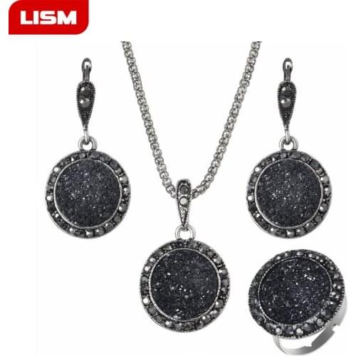 Vintage Crystal Round Jewelry for Women Charm Necklace Earrings Color Black Fashion Party Earring Jewelry New arrival