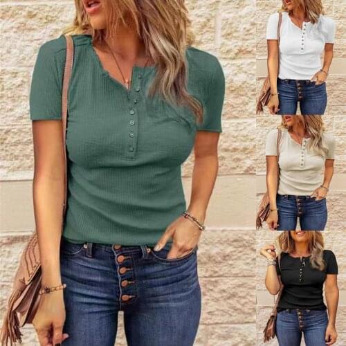 Women T-shirt Solid Color Short Sleeve U Neck Buttons Blouse Top Spring Summer Ladies Slim Elegant Office Pullover Top