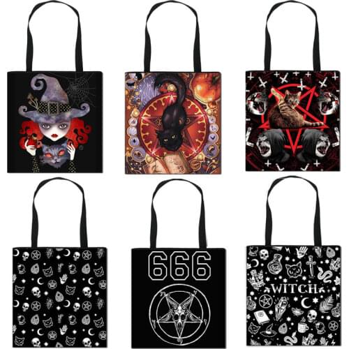 Witch / 666 / Hail Satan Women Shoulder Bag Baphomet / Witchcraft Handbag Black Cat Causal Totes Bags Ladies Shopping Bag