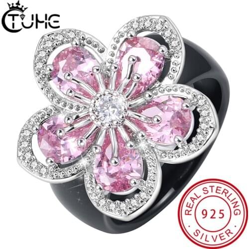 New Luxury Solid 925 Sterling Silver Rings for Women Wedding Pink AAA CZ Big Flower Healthy Ceramic Rings Wedding Jewelry Gift