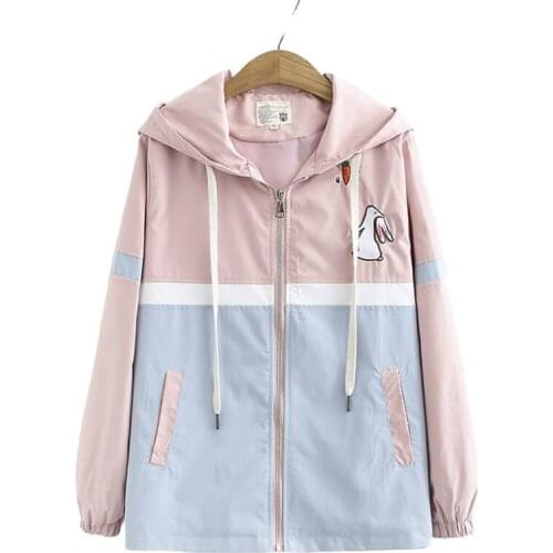 Women Jackets Cartoon Rabbit Embroidery Zipper Coats 2020 Autumn Long Sleeve Patchwork Cute Sweet Style Hooded Outerwear