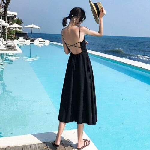 Korean Runway 2 Colors Summer Women Black Backless Straps Sundress Female Fairy Elegant Party Vacation Long Beach Dress Vestidos
