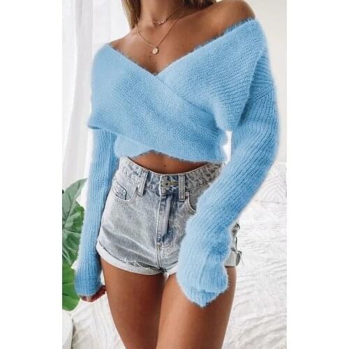 Women cropped sweater sexy v-neck full sleeve front cross knitted pullover tops sexy cropped sweater autumn woman sweaters