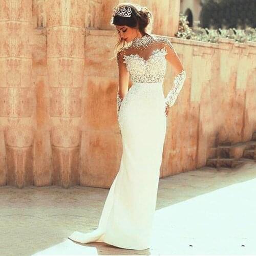 Soft Satin Mermaid Wedding Dress 2021 Sexy Illusion Neck Backless Beaded Lace Appliques Bridal Dress Long Sleeves Wedding Gown