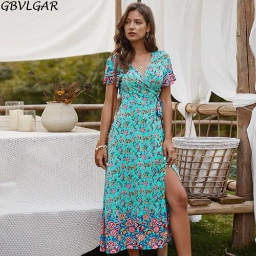 Women Short Sleeve V Neck Bohemian Floral Summer Belt Dress Boho Print Long Wrap Split Beach Dresses Maxi Dress Robe Femme 2021
