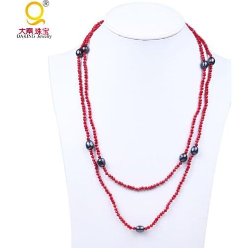 Hot fashion red faceted crystal round bead necklace 9-10mm black rice shape freshwater pearl necklace for women long chain