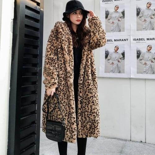 Winter new fur coat women leopard hooded long over the knee coat imitation mink fur loose jacket lady Leisure leopard print coat