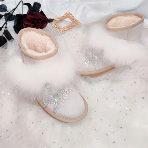 Winter thick non-slip womens white boots fox hair exquisite butterfly thick velvet short snow boots fairy style 2021