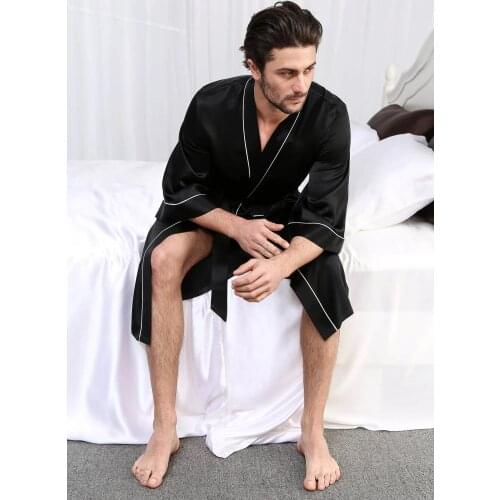 19 Momme Kimono Silk Robe with Piping Man Customized Long-Sleeved Bathrobe Home Sleepwear Nightgown