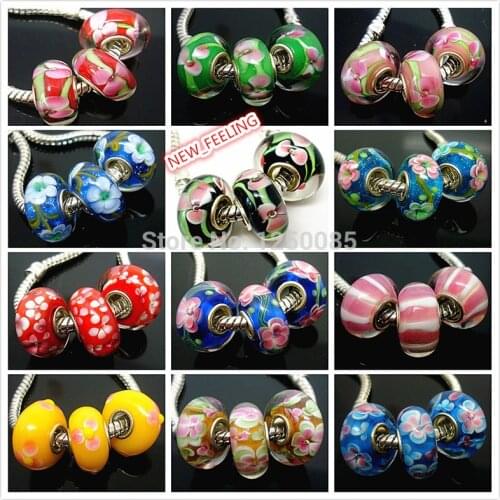 20pcs High Quality Single Core Beautiful Flower Design Murano Lampwork Glass Beads Fit European Charm Bracelet & Necklace LGB54