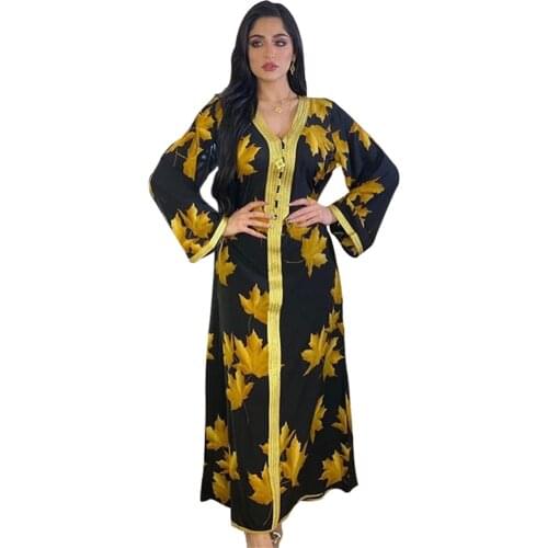 Abaya Muslim Leaf Printed Long Dress Women Ladies Arab Jilbab Islamic Vestido Long Sleeve Kaftan Dubai Robe Gown V-neck Casual
