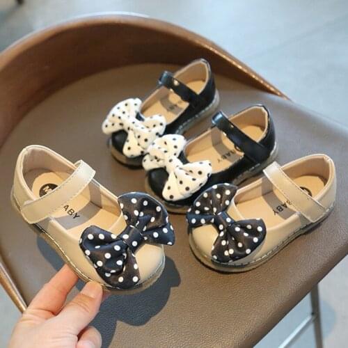 2021 spring girls shoes polka dot bow tie princess shoes children thick-soled leather shoes baby baby dress shoes autumn