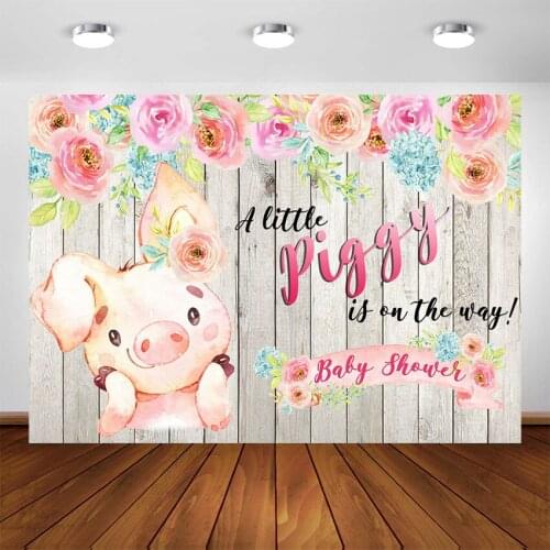 Pig Baby Shower Photography Backdrops Flower Cartoon Piggy On The Way Wood Baby Girl Party Background Photo Booth Decorations
