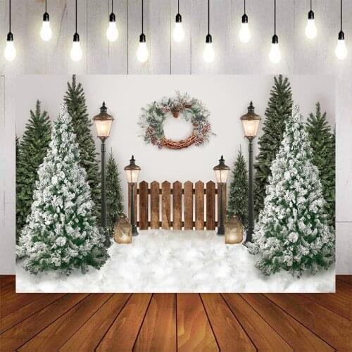 Mehofond Winter Snow Christmas Photography Background Christmas Tree Warm Lamp Wreath Christmas Backgrounds for Photo Studio