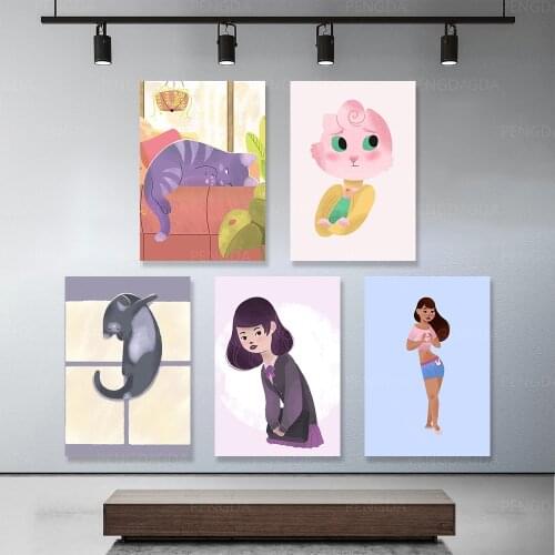 Framework Paintings Modular Little Girl Cat Cartoon Style Canvas Picture Poster HD Prints Modern Home Decor Wall Art Living Room