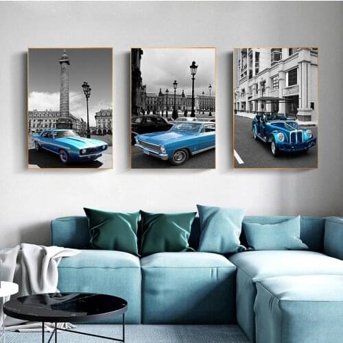 New York City Black White Nordic Blue Classic Car Poster Print Landscape Wall Art Canvas Painting Picture Living Room Home Decor