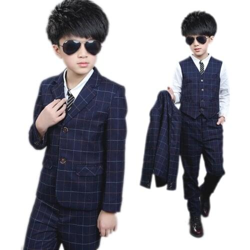 Children clotheing big boy clothes sets Boy spring suit plaid blazer jackets+vest+pants boys formal dress Boys gentleman suits