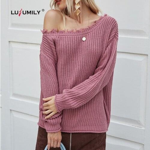 Lusumily Autumn And Winter New Womens Sexy Off Shoulder Sweater European And American Casual Solid Color Pullover Loose Sleeve