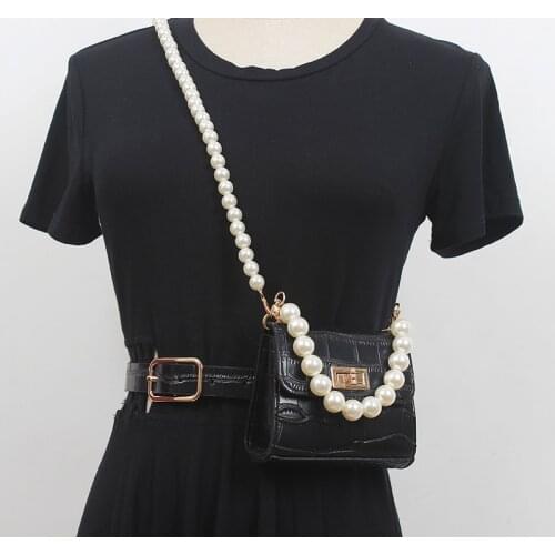 2021 Chic Mini fanny Packs White Black PU Leather Waist Belt With Coin Bag CUte Girls Pearl Chain Crossbody Bag Purse Money Pack