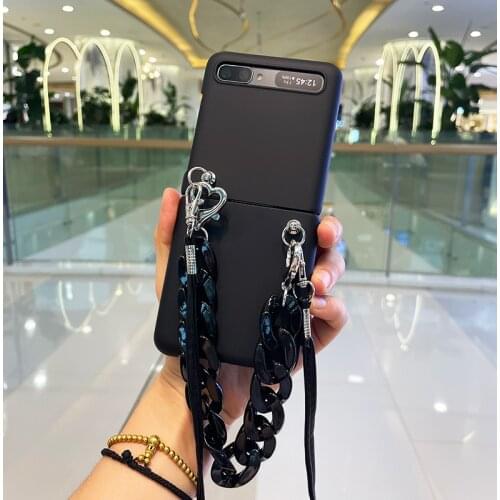 Fashion Cool Black Hand Chain Bracelet Case Cover For Samsung Galaxy Z Flip 4G 5G With Neck Strap Crossbody PC Back Cover