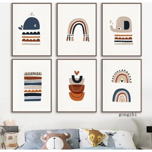 Cartoon Rainbow Whale Elephant Abstract Nordic Posters Colorful Line Canvas Painting and Prints Wall Art Picture Kids Room Decor