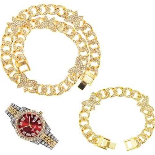 Hip Hop 3pcs kit 12MM Iced Out Paved Rhinestones Full Miami Curb Butterfly Cuban CZ Necklace+Watch+Bracelet For Men Jewelry